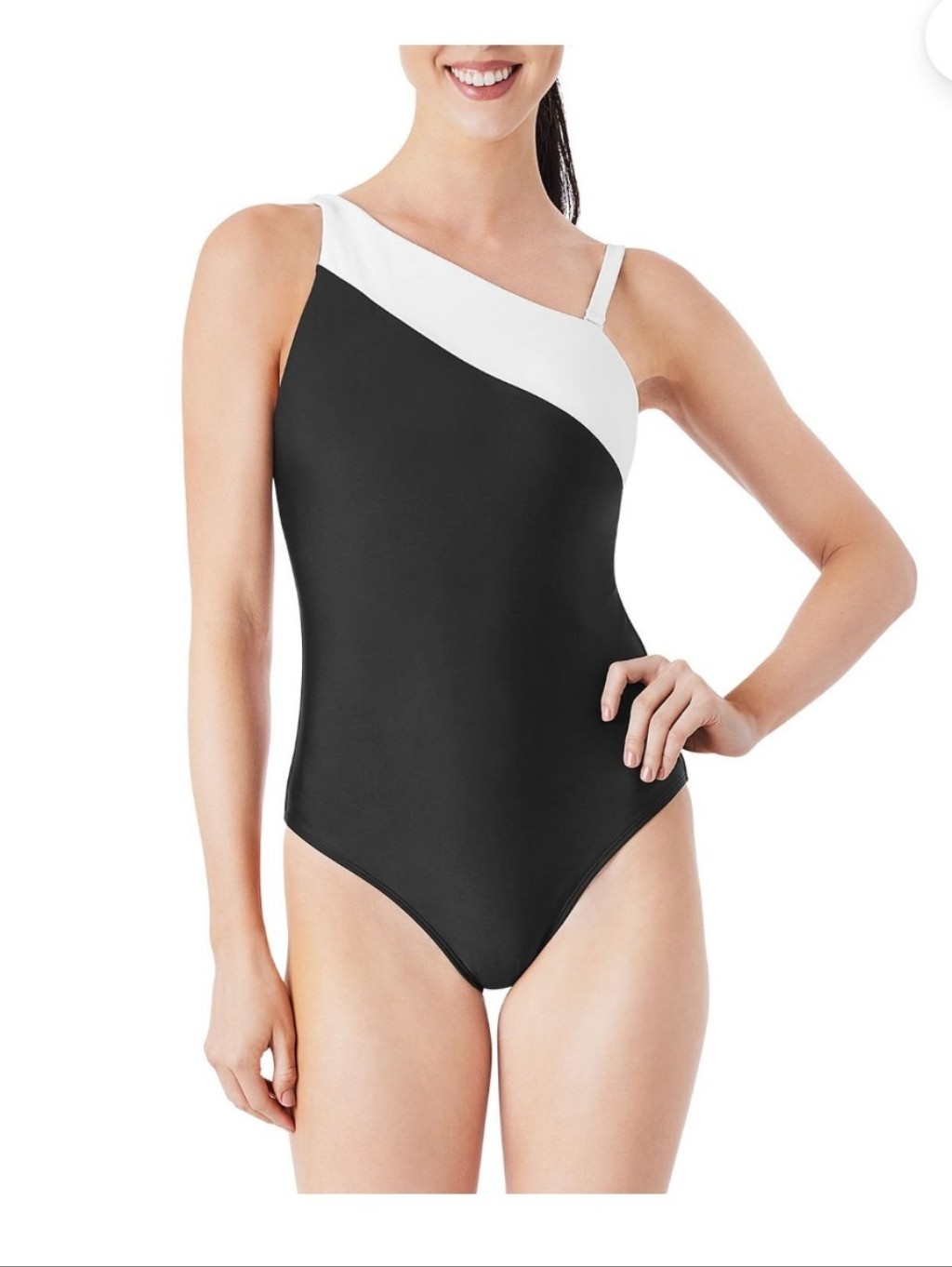Asymmetric Black And White One-Shoulder One-Piece Swimsuit